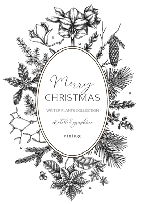 Vintage Christmas card design. Winter nature fwreath template. Conifer trees, winter flower sketches. Hand drawn vector illustration. NOT AI generated